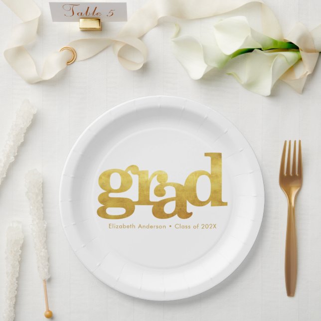White graduation bold gold foil typography modern paper plate (Wedding)