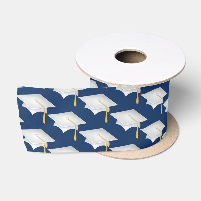 White Graduation Caps On Navy Blue Satin Ribbon (Spool)
