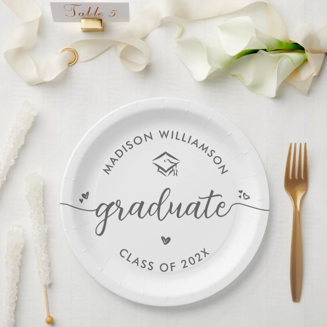 White Graduation Gray Script Hearts Cap Fun Modern Paper Plate (Wedding)