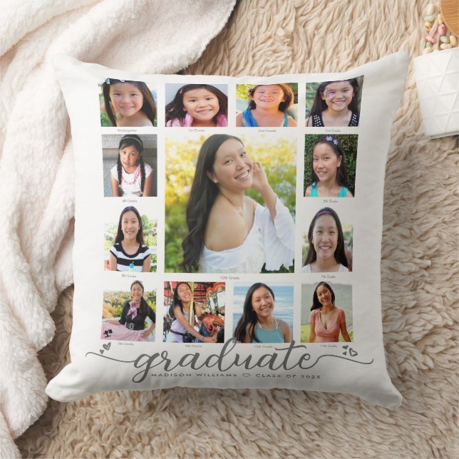 White Graduation K–12 Modern Script Photo Collage  Throw Pillow (Blanket)