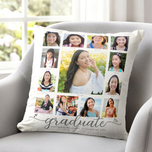 White Graduation K–12 Modern Script Photo Collage Throw Pillow