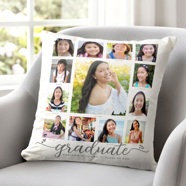 White Graduation K–12 Modern Script Photo Collage  Throw Pillow (Creator Uploaded)