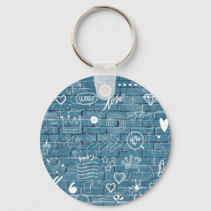 White graffiti on blue wall modern text art keychain