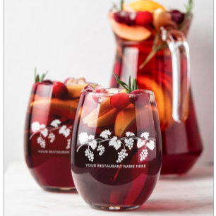 White Grape Vine Leaf Wine Bar Fine Dining Cafe Stemless Wine Glass
