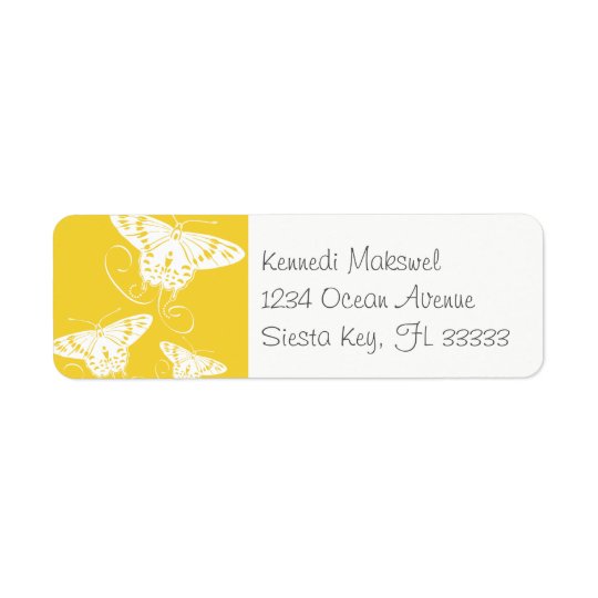White Graphic Butterflies Bright Yellow Background Return Address Label