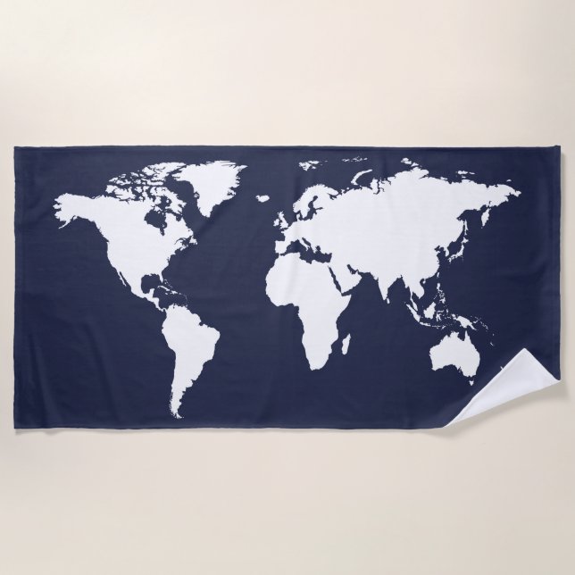 white graphic map of world on deep blue beach towel (Front)