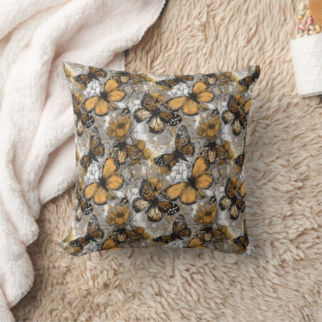 White Gray Gold Elegant Floral Monarch Butterfly Throw Pillow (Blanket)