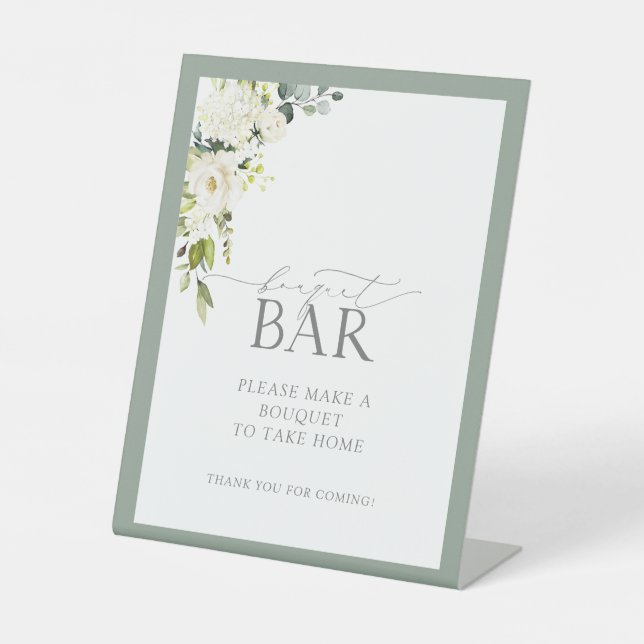 White Gray Green Watercolor Shower Bouquet Bar Pedestal Sign (Front)
