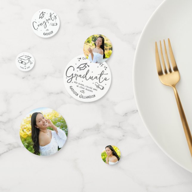 White Gray Hand Drawn Doodles Graduation 3 Photo Confetti (Group)