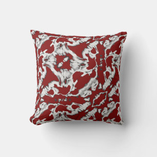 White Gray on Dark Red Ornate Diagonal Motif Throw Pillow