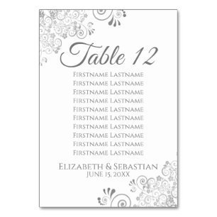 White & Gray Silver Frills Wedding Seating Chart Table Number