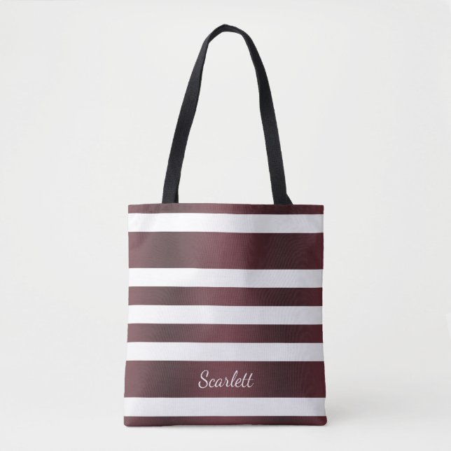 White Grayish Burgundy Red striped Tote Bag (Front)