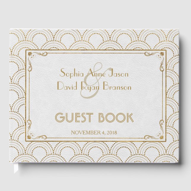 White Great Gatsby Art Deco Gold Wedding Guest Book (Front)