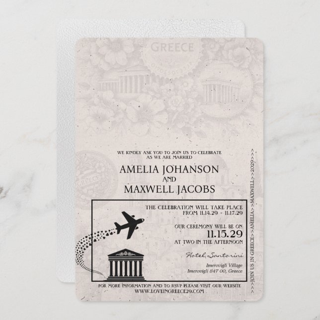 White Greece Passport Wedding Invitation (Front/Back)