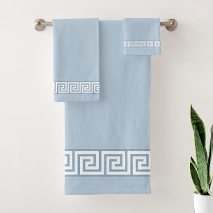 White Greek Pattern on Wondrous Light Blue Bath Towel Set