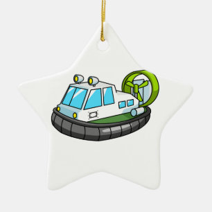 White, Green, and Black Cartoon Hovercraft Ceramic Ornament