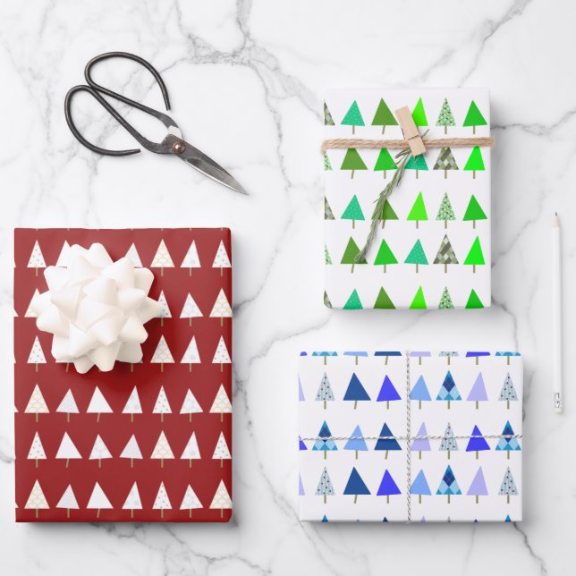 White, Green and Blue Christmas Trees Wrapping Paper Sheet (Front)