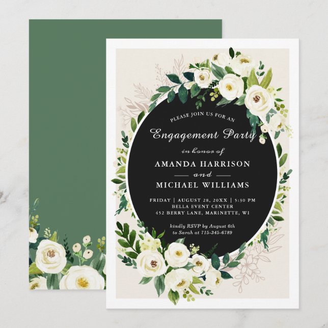White Green Bloom Floral Wedding Engagement Party Invitation (Front/Back)
