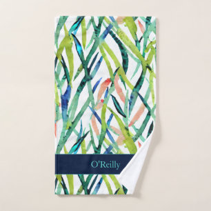 White Green Blue Leaves Monogram Pickleball Towel