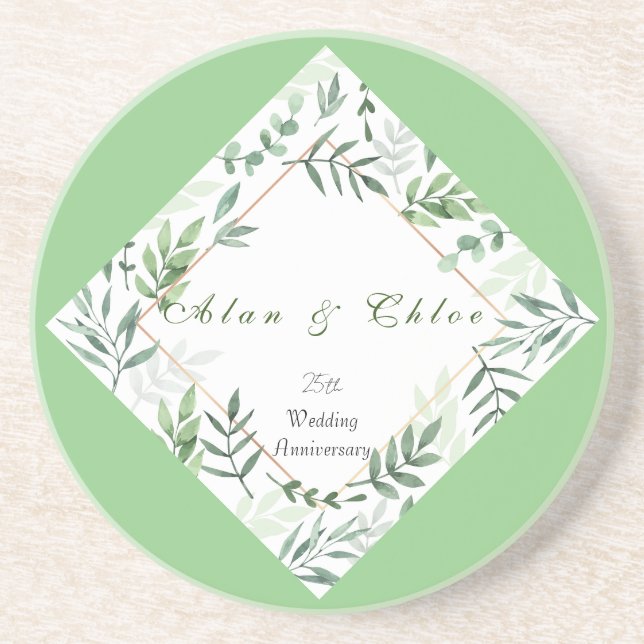 White Green Botanical Wedding Sandstone Coaster (Front)