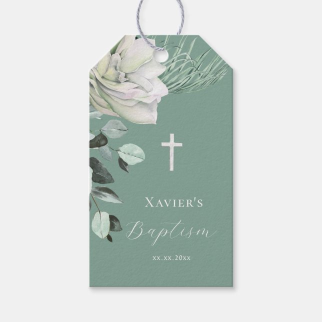  white green bouquet  Baptism Gift Tags (Front)