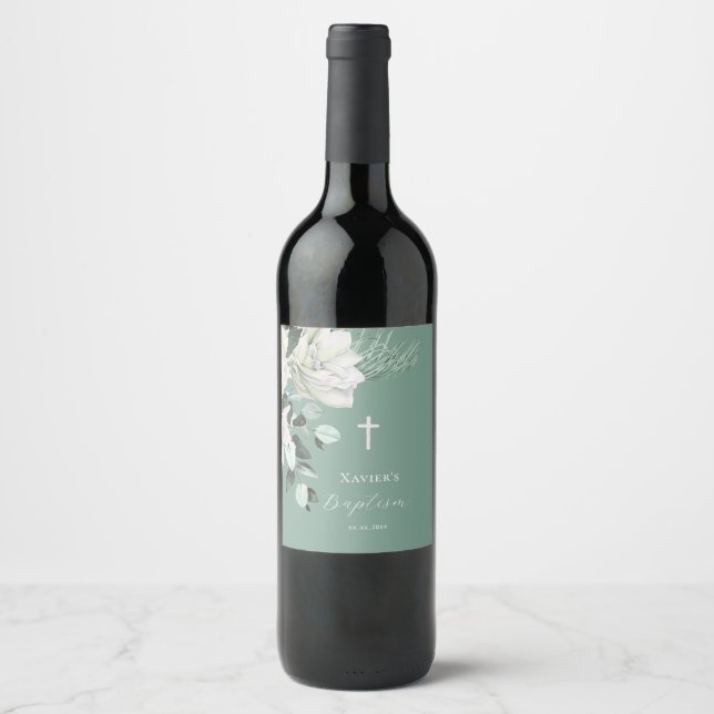  white green bouquet  Baptism Wine Label (Front)