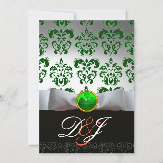 WHITE GREEN DAMASK & SHAMROCK MONOGRAM GOLD Orange Invitation (Front)