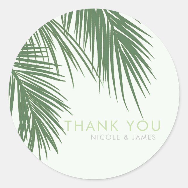 White Green Elegant Tropical Palm Leaves Wedding Classic Round Sticker (Front)