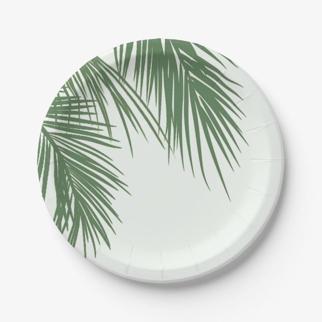 White Green Elegant Tropical Palm Leaves Wedding Paper Plate (Front)