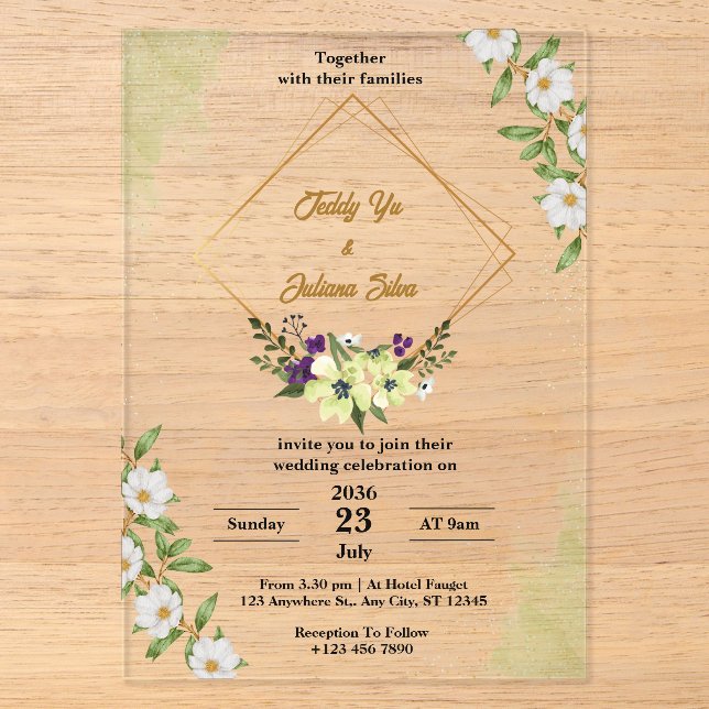 White Green Floral Acrylic Wedding Invitations (Front)