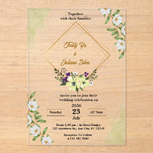 White Green Floral Acrylique Mariage Invitations