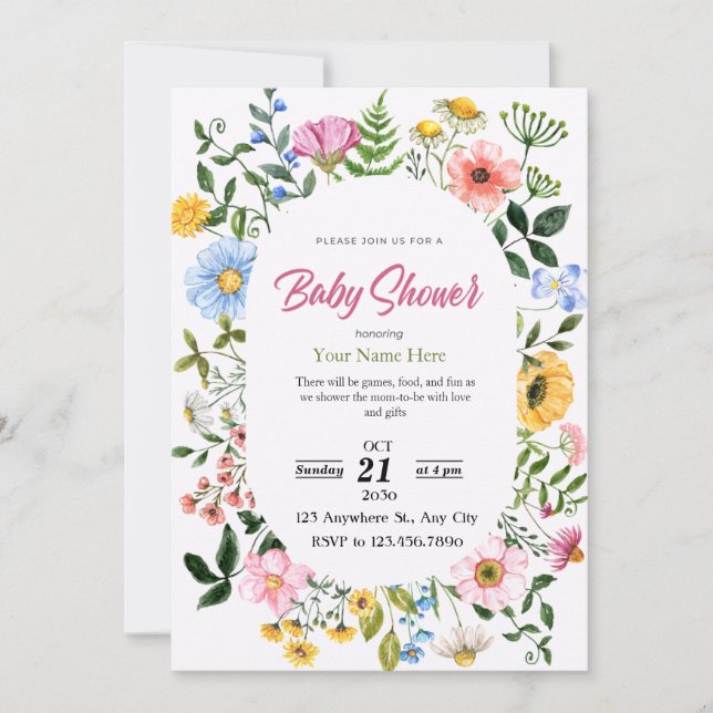 White & Green Floral Baby Shower Invitations Fille (Devant)