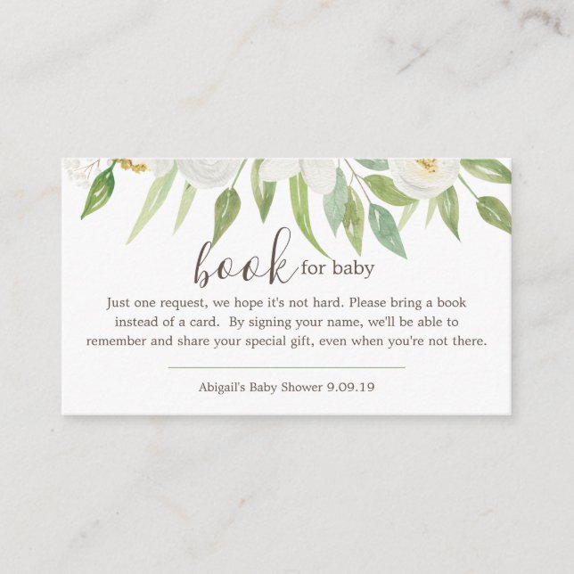 White & Green Floral Book Request Baby Shower Enclosure Card (Front)
