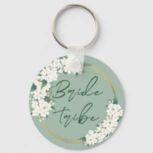 White Green Floral Bride Tribe Wedding Favor Keychain