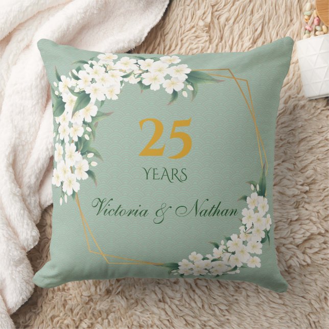 White Green Floral Gold Frame Wedding Anniversary Throw Pillow (Blanket)