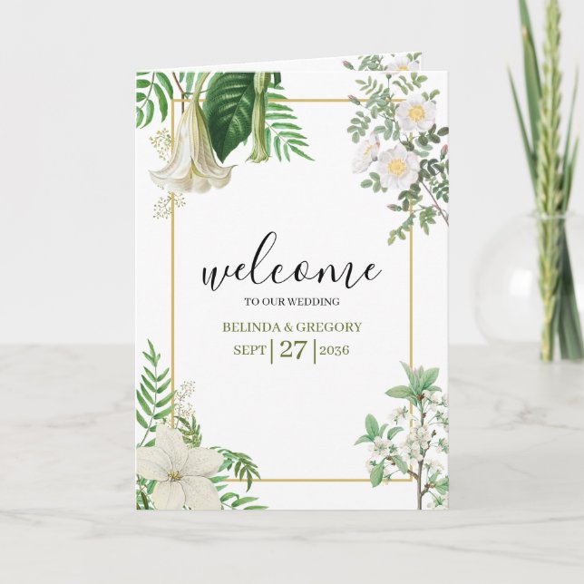 White Green Floral Gold Wedding Order of Service Program (Front)