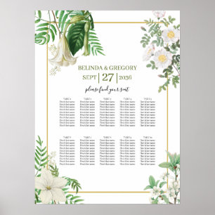 White Green Floral Gold Wedding Seating Chart