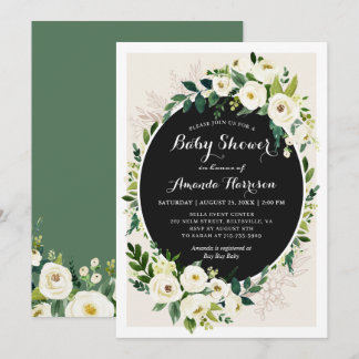 White Green Floral Neutral Baby Shower Invitation