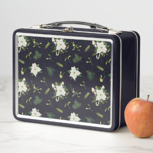 White Green Floral Pattern Metal Lunch Box