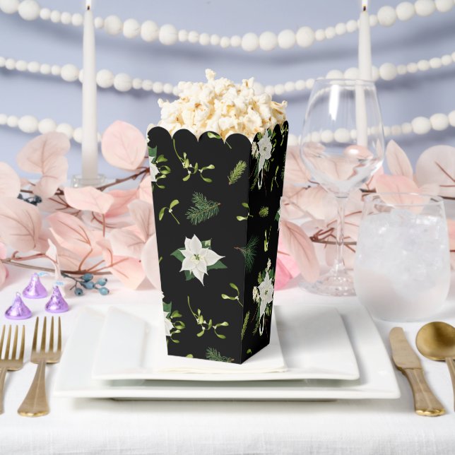 White Green Floral Pattern on Black Popcorn Favor Box (Wedding)