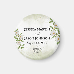 White Green Floral Watercolor Wedding  Magnet