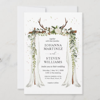 White Green Fowers Deer Antler Canopy Wedding Invitation