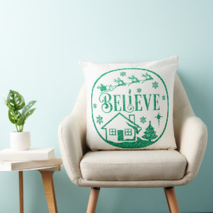 White & Green Glitter Believe Christmas Decorative Throw Pillow