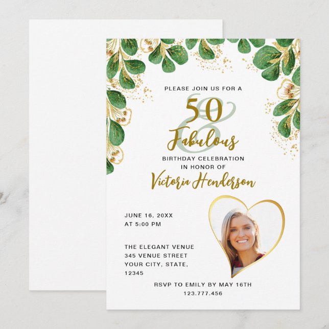 White Green & Gold Greenery 50 & Fabulous Birthday Invitation (Front/Back)
