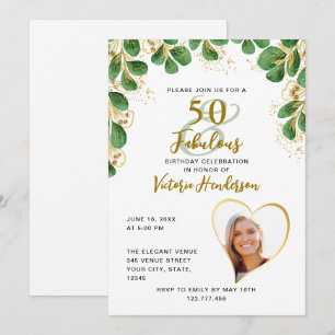 White Green & Gold Greenery 50 & Fabulous Birthday Invitation