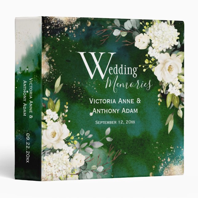 White Green Gold Rustic Floral Wedding Binder (Front/Spine)