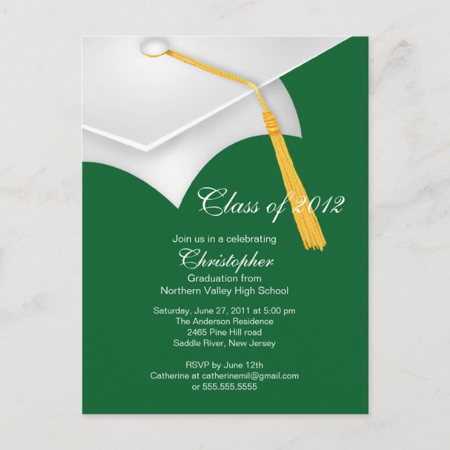 White Green Grad Cap Graduation Party Invitation (Front)
