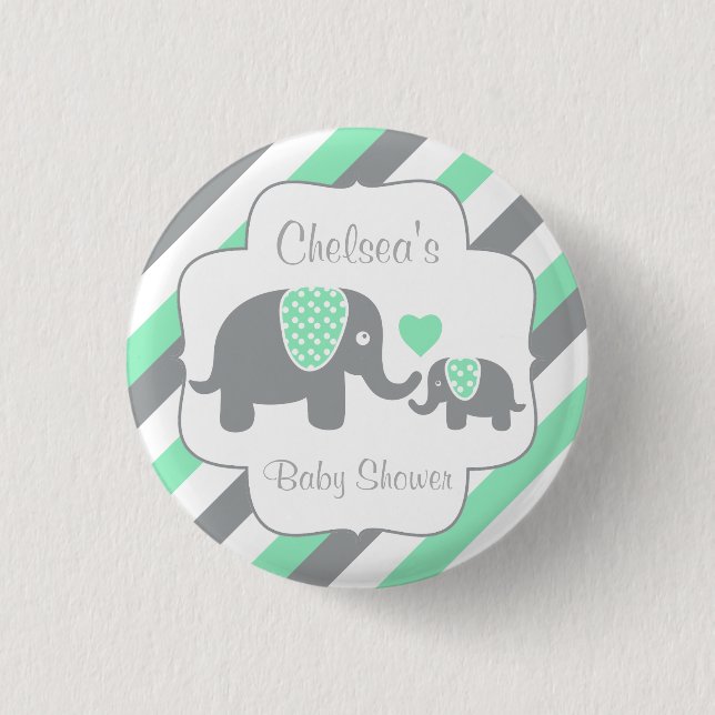 White, Green & Grey Stripe Elephants Baby Shower 1 Inch Round Button (Front)
