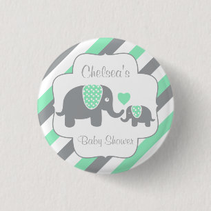 White, Green & Grey Stripe Elephants Baby Shower 1 Inch Round Button
