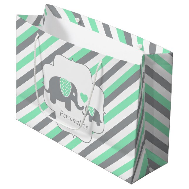 White, Green & Grey Stripe Elephants Baby Shower Large Gift Bag (Front Angled)